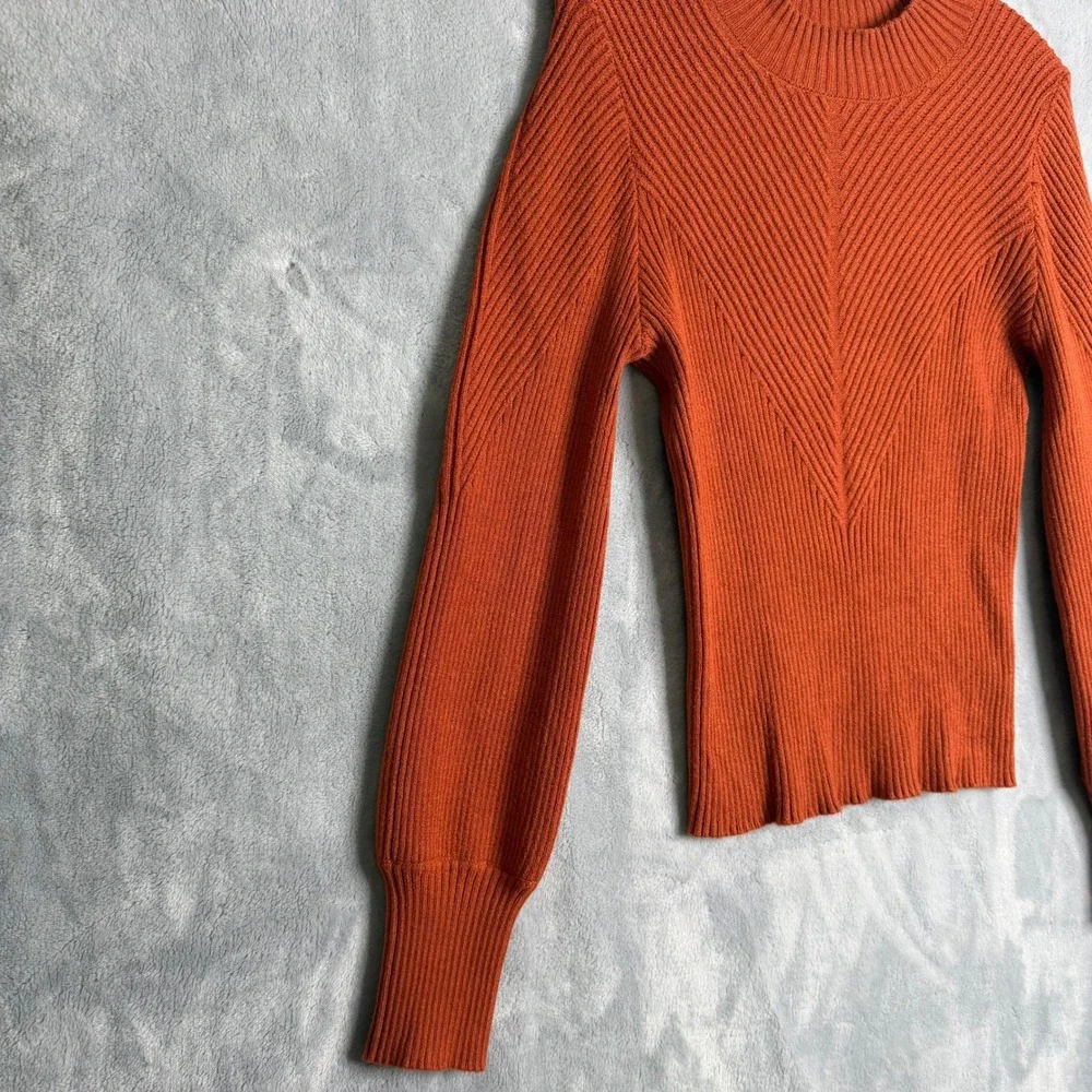 Vici Archie Ribbed Sweater Womens L‎ Burnt Orange Puff Sleeve Fitted Knit